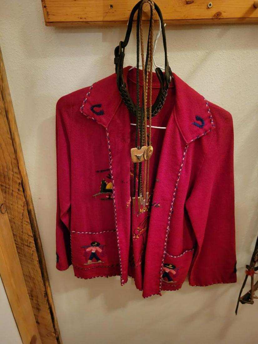 Red Hand Stitched Jacket, with 3 Bolo ties and one spur (1 of 10)