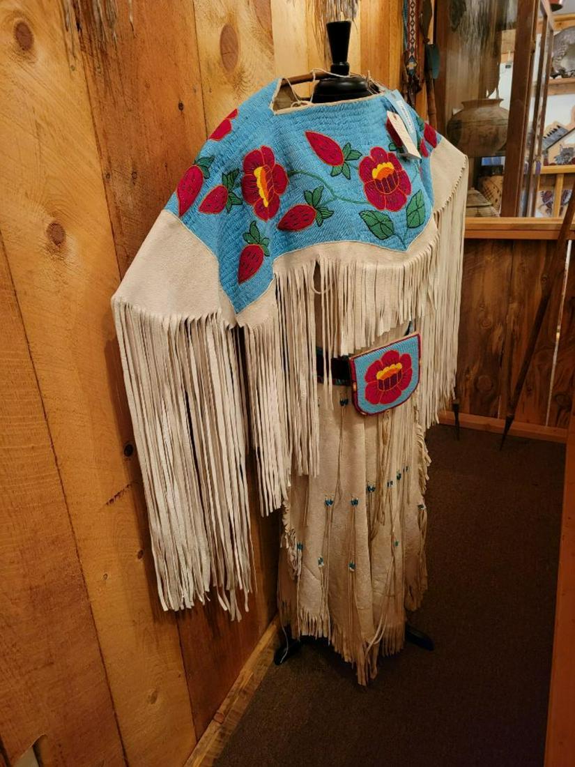 Nez Perce 3 hide dress with fully beaded yoke, circa 1920's: comes with matching moccasins, leggings and accessories, see all pics