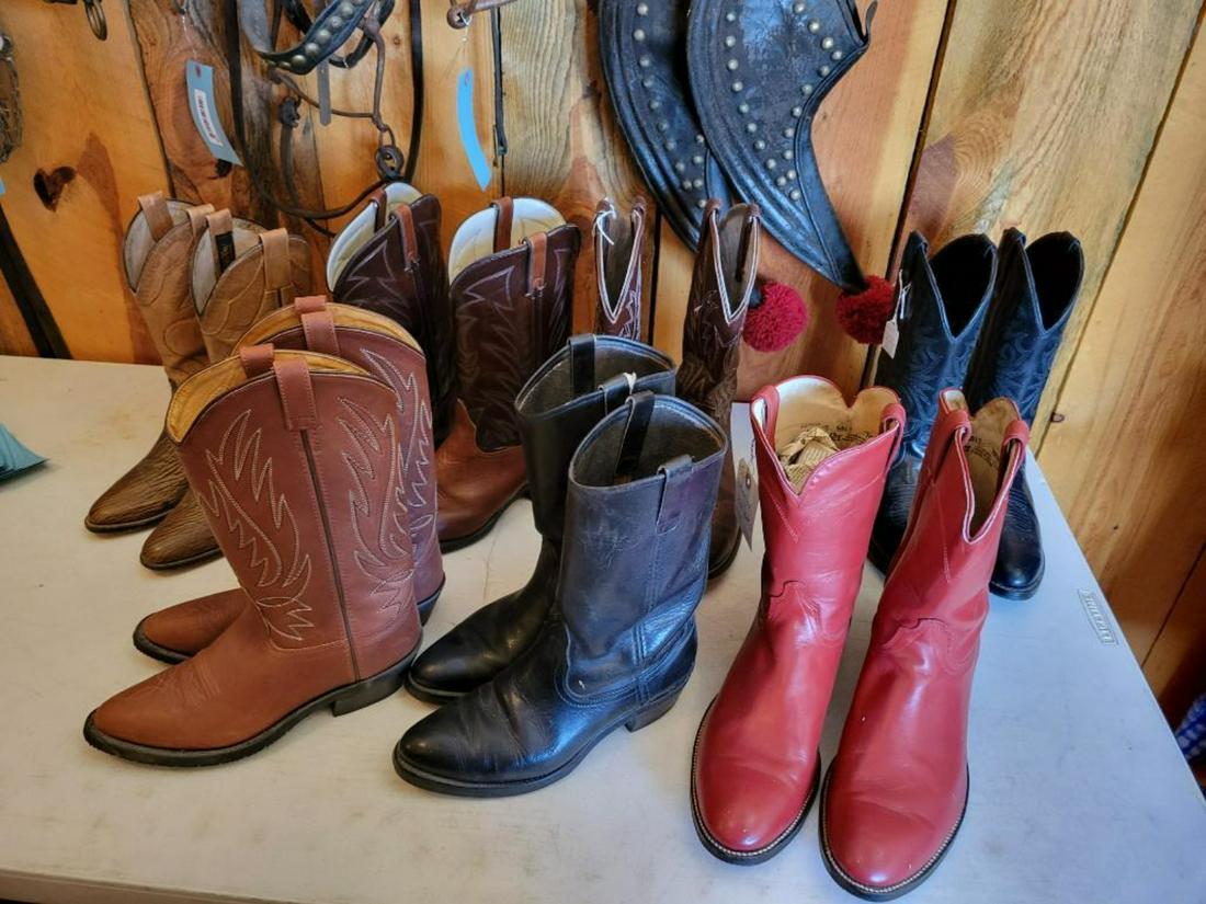 7 pair of cowboy boots: Size 8.5D, 12D, 9.5D, 8.5D, 13D, and one with no size