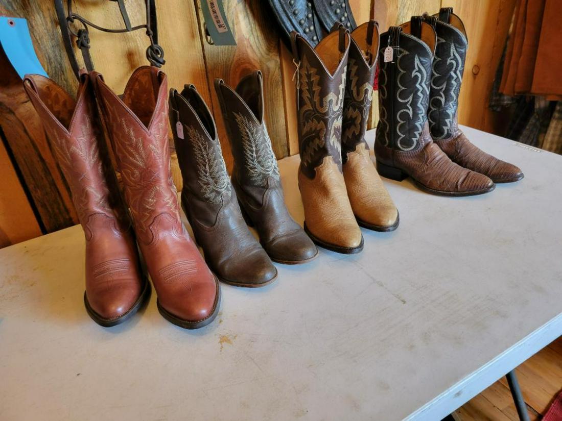 4 pair of cowboy boots: Size 8D, Alexis 10D, Cowtown Boots 9.5D, and Tony Lama 8.5A