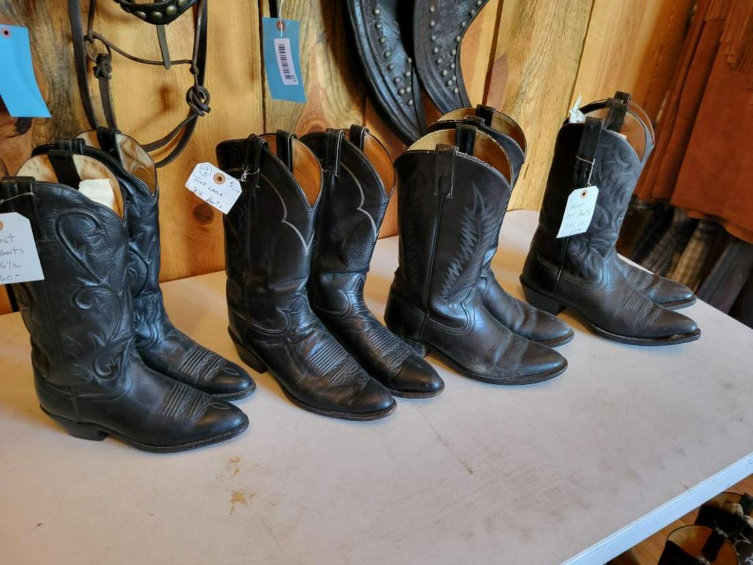4 pair of Black Cowboy Boots: Dan Post size 6.5, Tony Lama 10.5B, Size 10, and Ariat Black Boots size 10