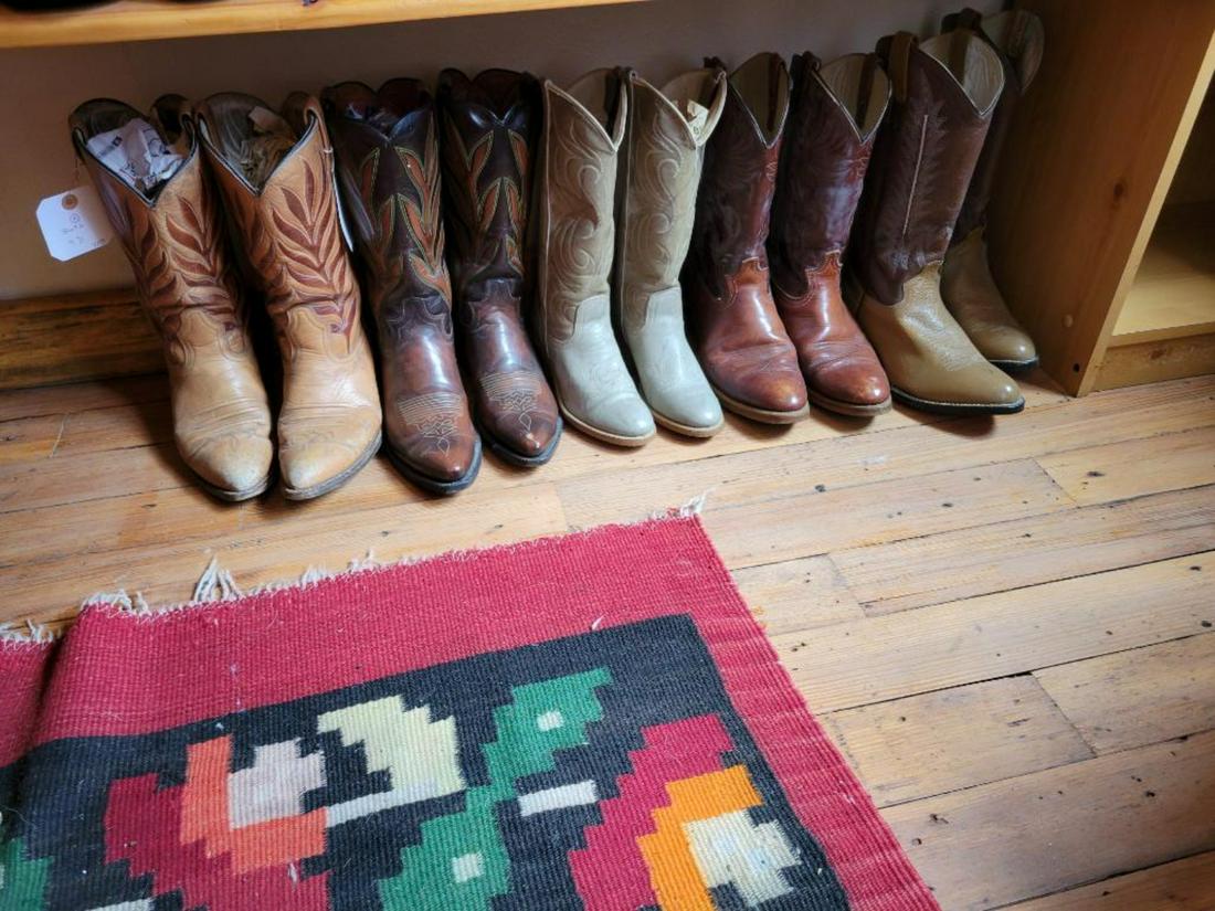 5 pair of Cowboy Boots: 9D Boots, Gray Boots 5M, Dan Post Size 10, Dingo Size 11D, and Cowtown 8.5