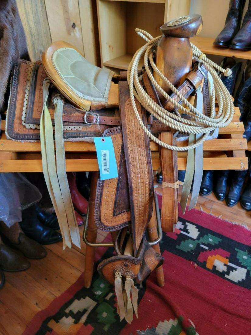 Old Mexican Saddle with Leather Stirrup Covers, with rope (1 of 7)