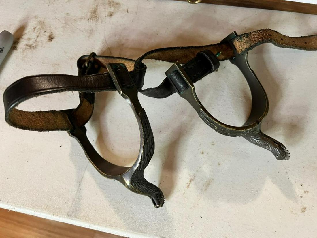 REPRODUCTION Pair of Calvary Officers' brass spurs with leather straps: Stamped: T.C. Rock Island