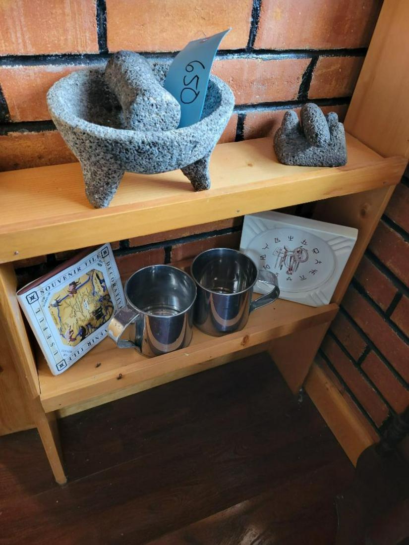 Reproduction mortar/ pestles, picture frames and tin mugs: .