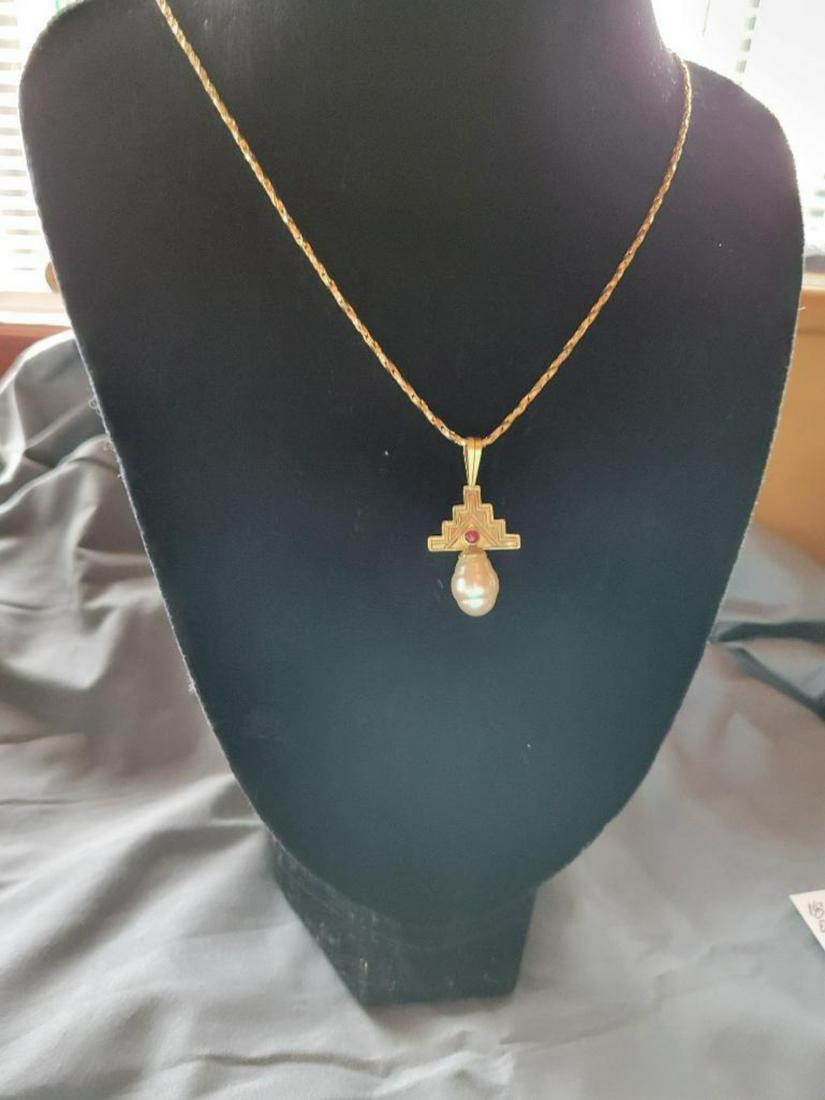 18 karat gold pendant with one ruby, 2 emeralds, & 1- 12 x 16 MM Australian White Pearl (1 of 4)