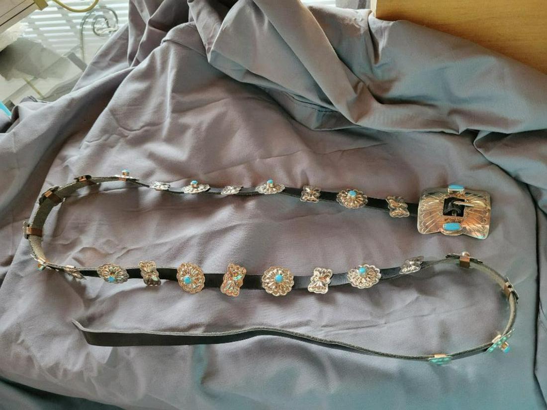 Leather belt with Turquoise and Silver embellishments and buckle: .