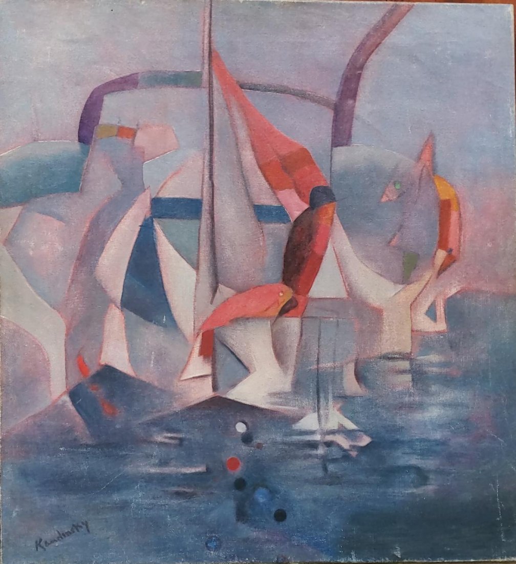Wassily Kandinsky - Oil canvas painting: Antique master Kandinsky , Surrealism magic. Oil canvas painting signed. Measures: 21.5 x 19.5 \\\" Work is sold as it is\\\" Documents included: Ministry of Culture & Documents for export to ADUANAS.