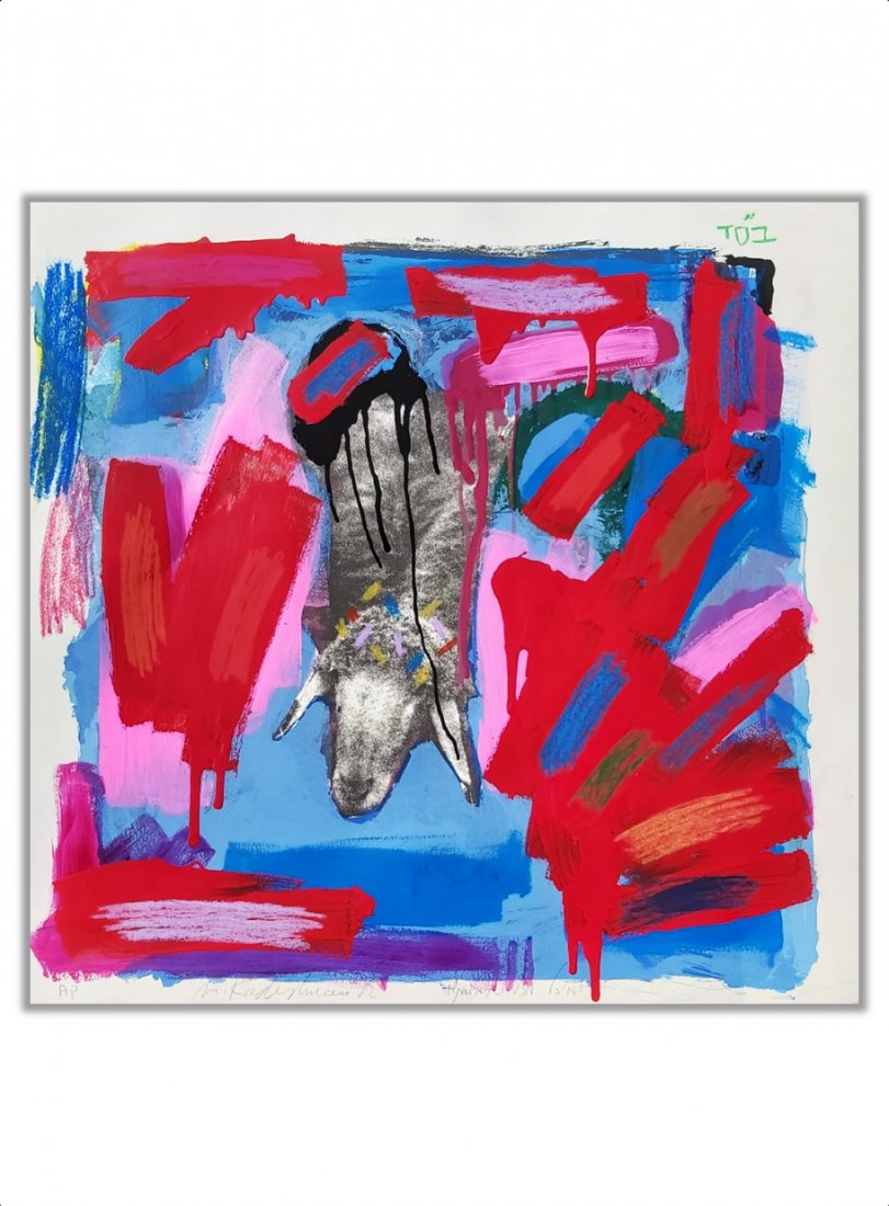 Menashe Kadishman: Oil / acrylic and pastel on lithography, signed in pencil and marked AP, including dedication from the artist,This is a unique work, given by the artist as a gift, 80*80 CM ,Unframed, (during the ship
