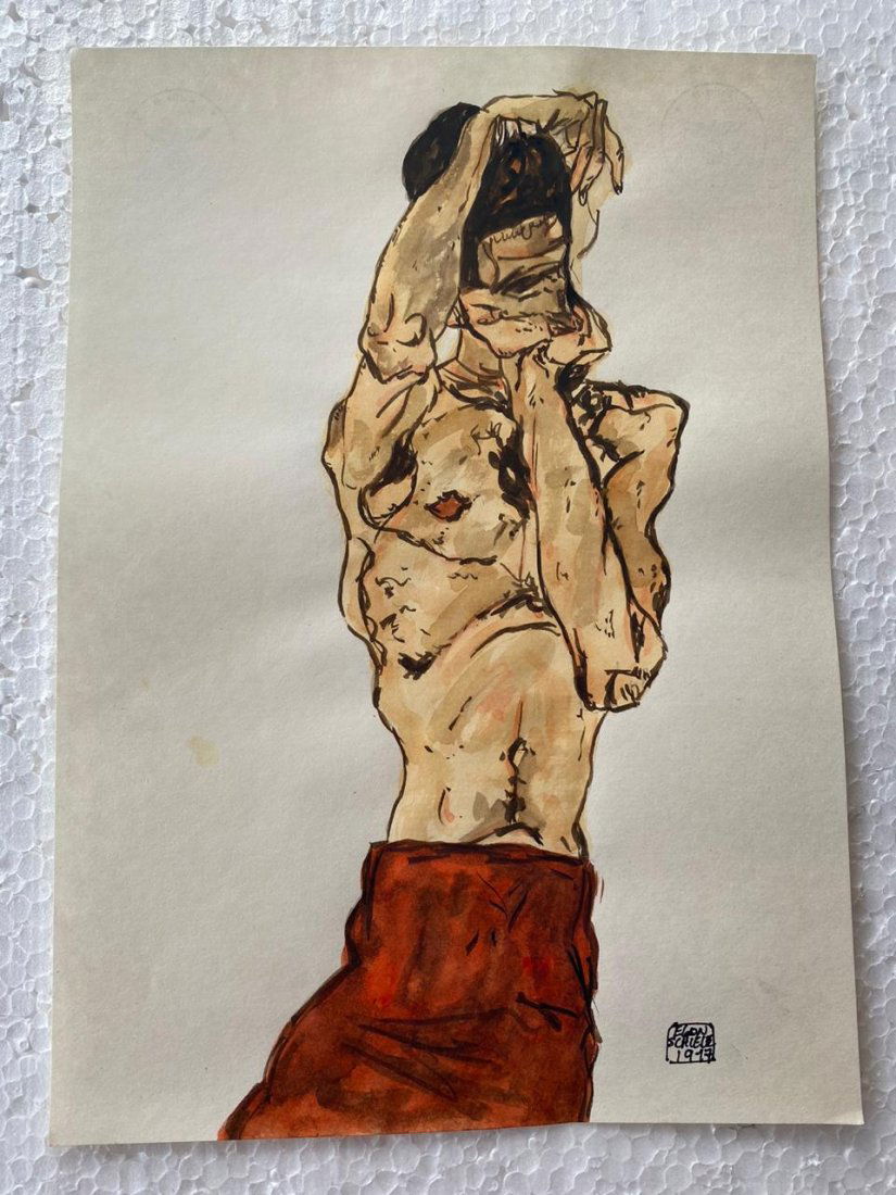 Signed and Sealed Egon Schiele Mixed Media on Paper: Signed and Sealed Egon Schiele Mixed Media on Paper on verso stamp. Aprox size 29.5cm x 21.1cm This item has limited provenance, it doesnt have any documentation or cerfication, Sold "as is" to the ma