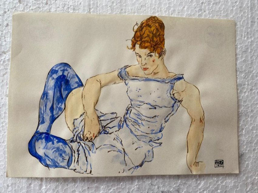 Signed and Sealed Egon Schiele Mixed Media on Paper: Signed and Sealed Egon Schiele Mixed Media on Paper on verso stamp. Aprox size 29.5cm x 21.1cm This item has limited provenance, it doesnt have any documentation or cerfication, Sold \"as is\" to the