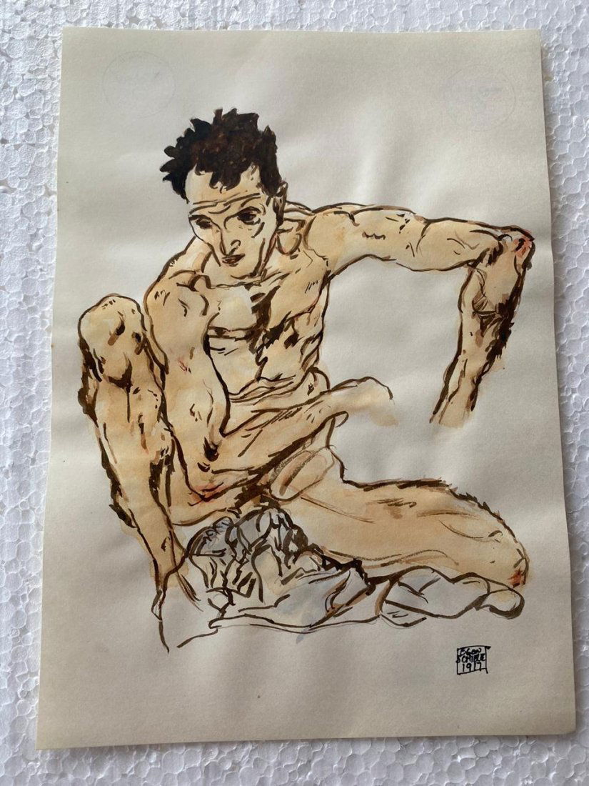 Signed and Sealed Egon Schiele Mixed Media on Paper: Signed and Sealed Egon Schiele Mixed Media on Paper on verso stamp. Aprox size 29.5cm x 21.1cm This item has limited provenance, it doesnt have any documentation or cerfication, Sold "as is" to the ma