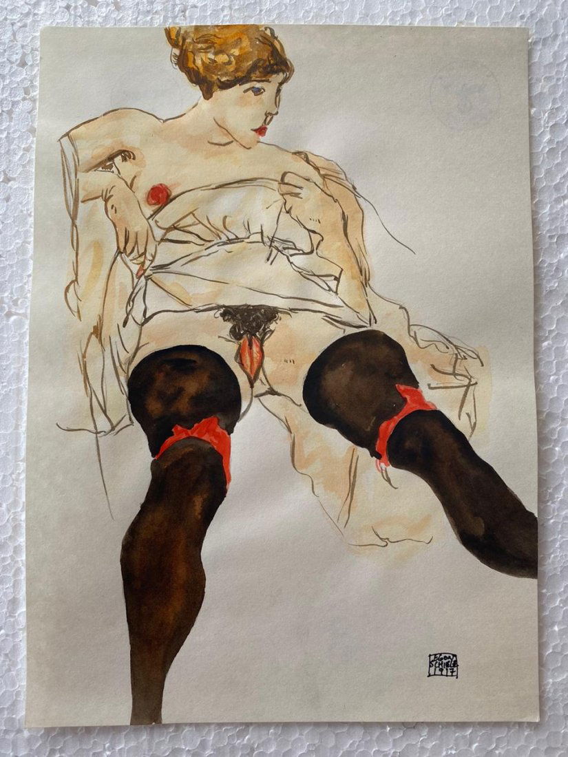 Signed and Sealed Egon Schiele Mixed Media on Paper: Signed and Sealed Egon Schiele Mixed Media on Paper on verso stamp. Aprox size 29.5cm x 21.1cm This item has limited provenance, it doesnt have any documentation or cerfication, Sold \"as is\" to the