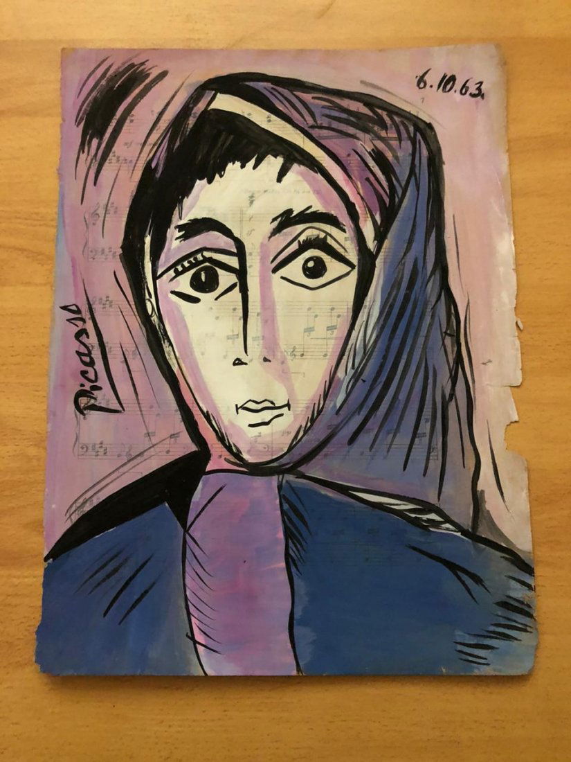 Pablo Picasso Mixed Media Drawing in Old Musical Paper (1 of 2)