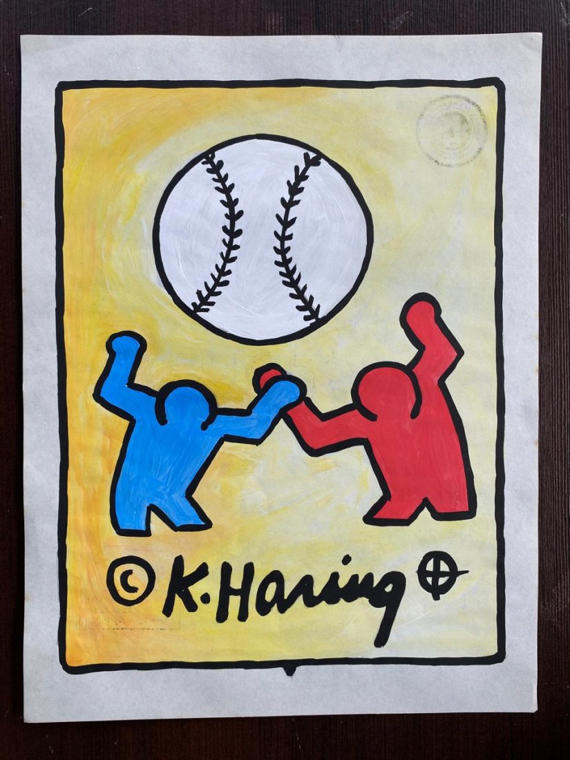 Signed and Sealed Keith Haring Mixed Media on paper: Signed and Sealed Keith Haring Mixed Media on Paper on verso stamp inscribed Authorized by the estate of Keith Haring Aprox size 12 x 8.5 Inches. This item has limited provenance, it doesnt have any d