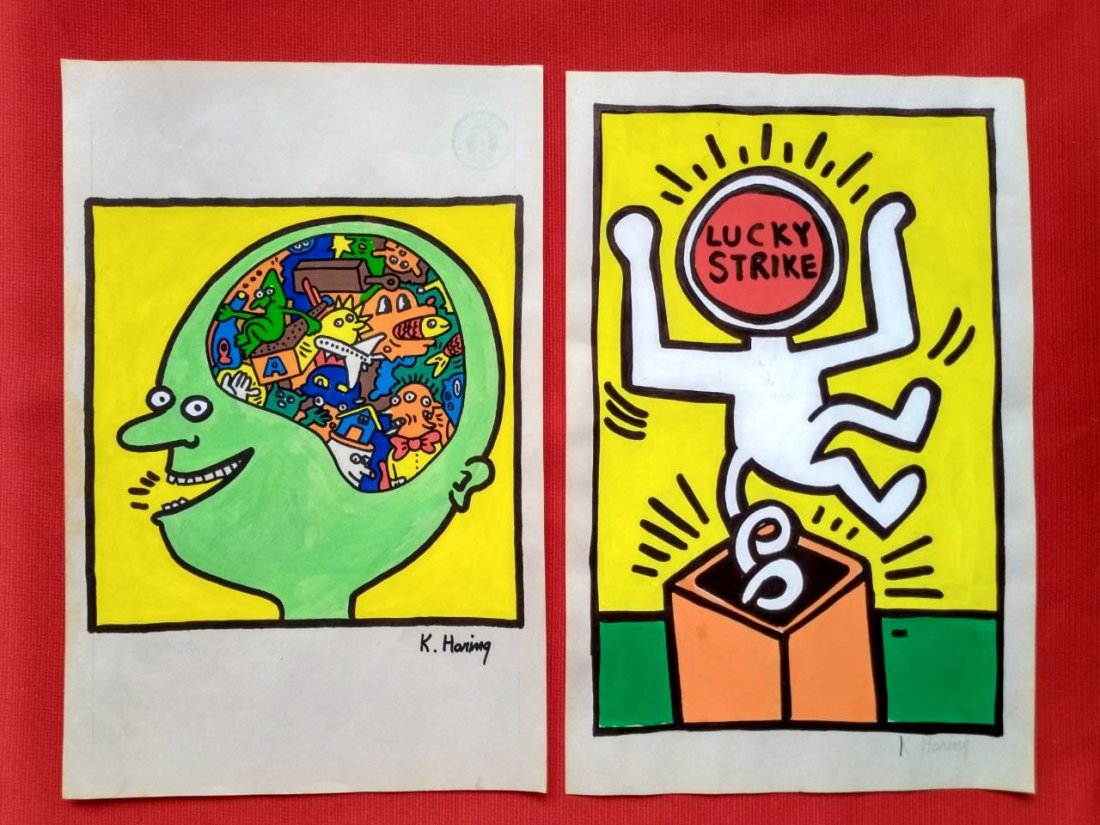 Keith Haring 2 Drawings on Paper In the Style of: Keith Haring Mixed media Drawings On Paper Measures 33cm x 21cm. Done in the Style of Keith Haring, American Artist (May 4, 1958 - February 16, 1990). This collectible artwork, belonged to a collector