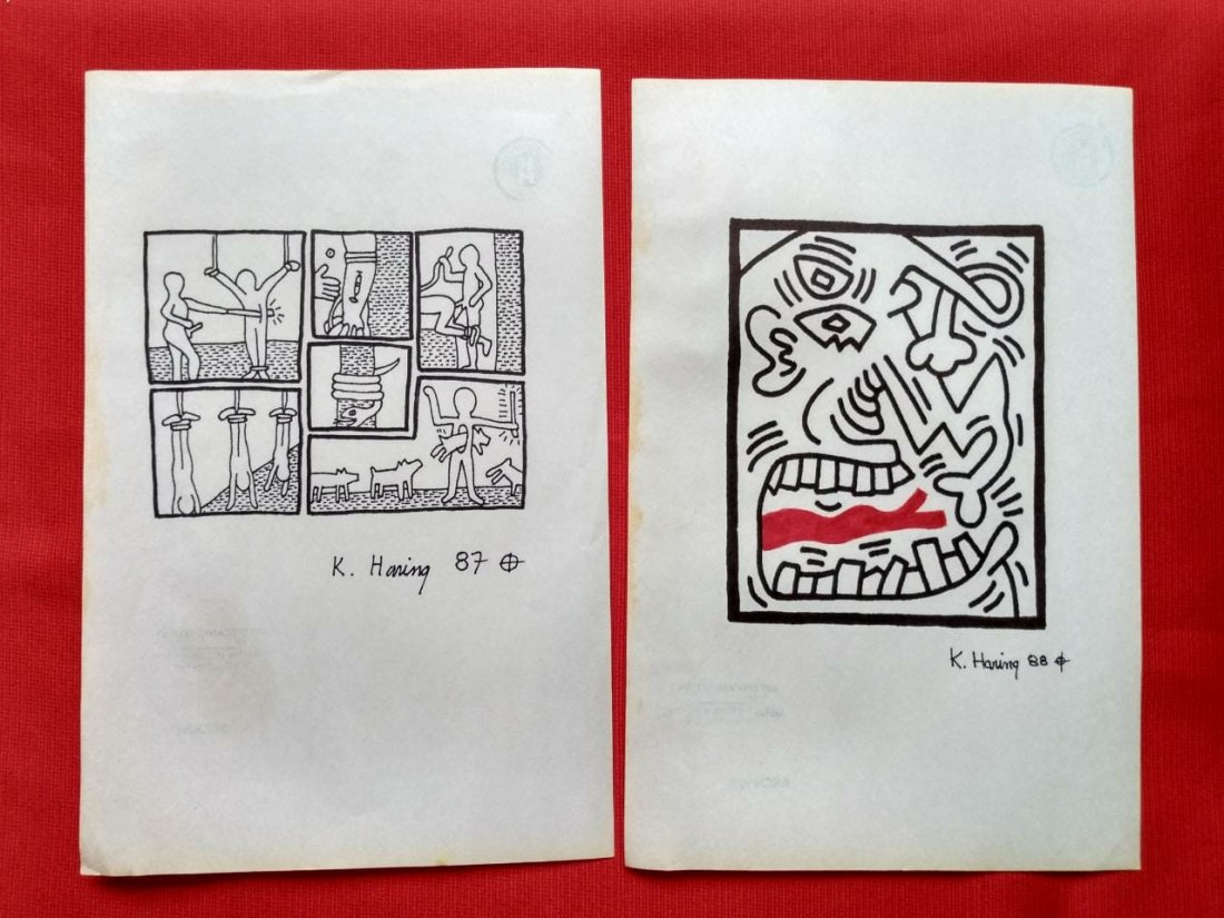 Keith Haring 2 Drawings on Paper In the Style of: Keith Haring Mixed media Drawings On Paper Measures 33cm x 21cm. Done in the Style of Keith Haring, American Artist (May 4, 1958 - February 16, 1990). This collectible artwork, belonged to a collector