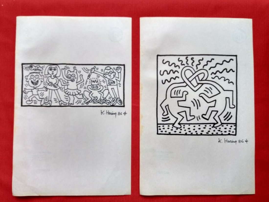Keith Haring 2 Drawings on Paper In the Style of: Keith Haring Mixed media Drawings On Paper Measures 33cm x 21cm. Done in the Style of Keith Haring, American Artist (May 4, 1958 - February 16, 1990). This collectible artwork, belonged to a collector