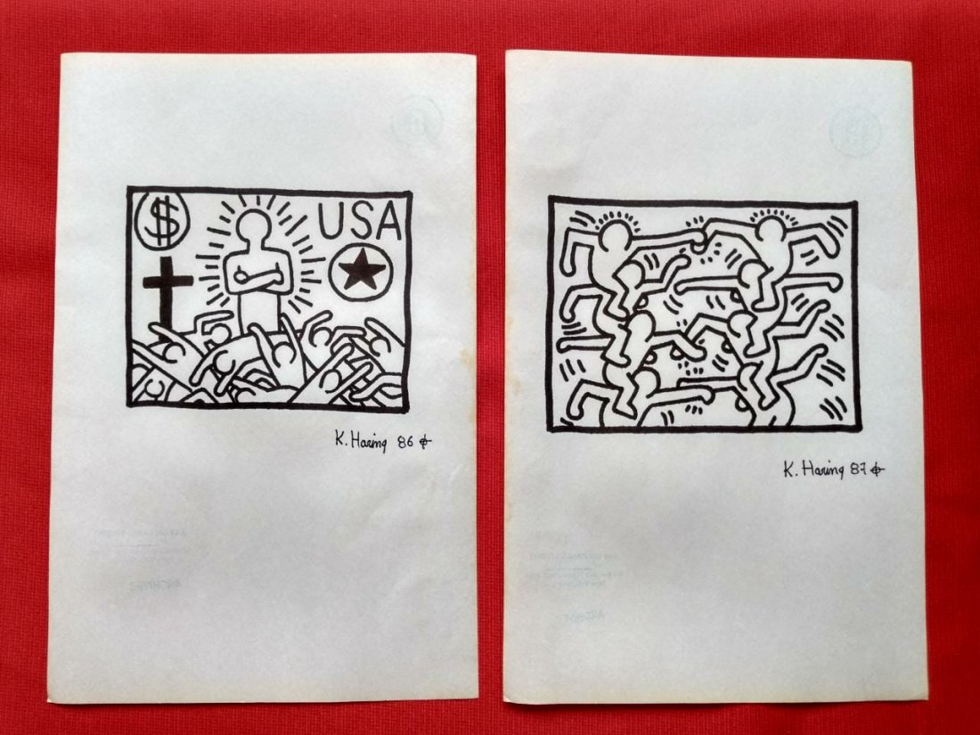 Keith Haring 2 Drawings on Paper In the Style of: Keith Haring Mixed media Drawings On Paper Measures 33cm x 21cm. Done in the Style of Keith Haring, American Artist (May 4, 1958 - February 16, 1990). This collectible artwork, belonged to a collector