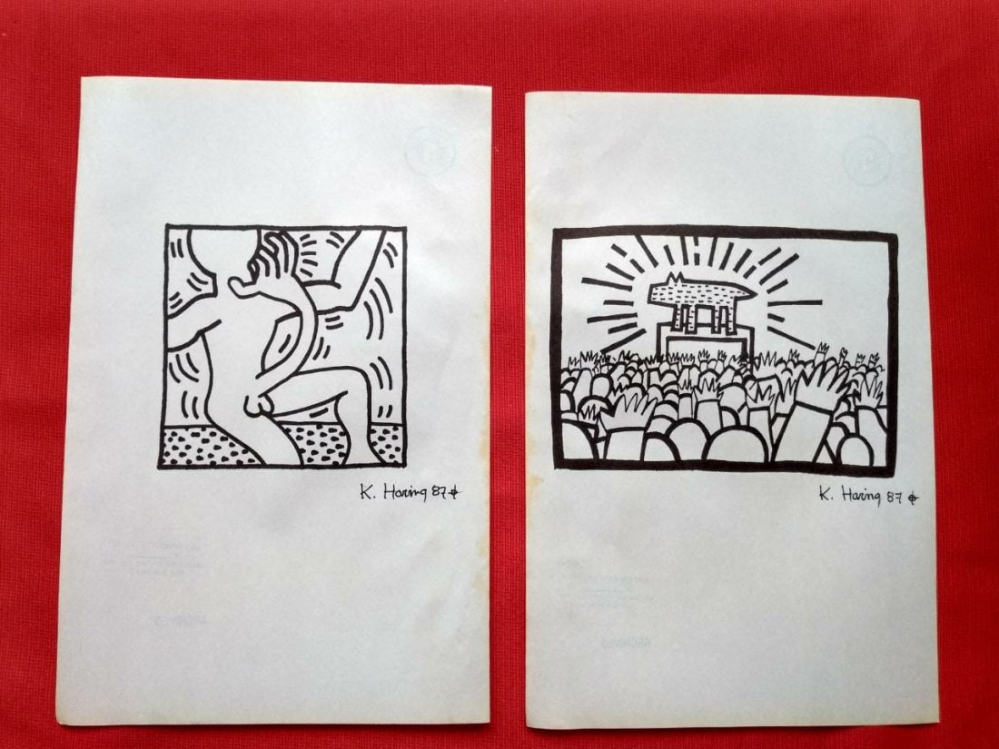 Keith Haring 2 Drawings on Paper In the Style of: Keith Haring Mixed media Drawings On Paper Measures 33cm x 21cm. Done in the Style of Keith Haring, American Artist (May 4, 1958 - February 16, 1990). This collectible artwork, belonged to a collector