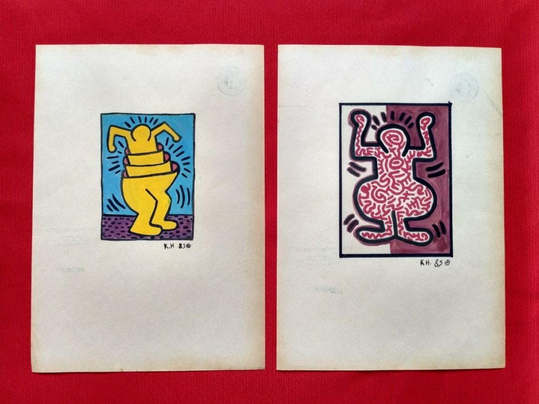 Keith Haring 2 Drawings on Paper In the Style of: Keith Haring Mixed media Drawings On Paper Measures 33cm x 21cm. Done in the Style of Keith Haring, American Artist (May 4, 1958 - February 16, 1990). This collectible artwork, belonged to a collector