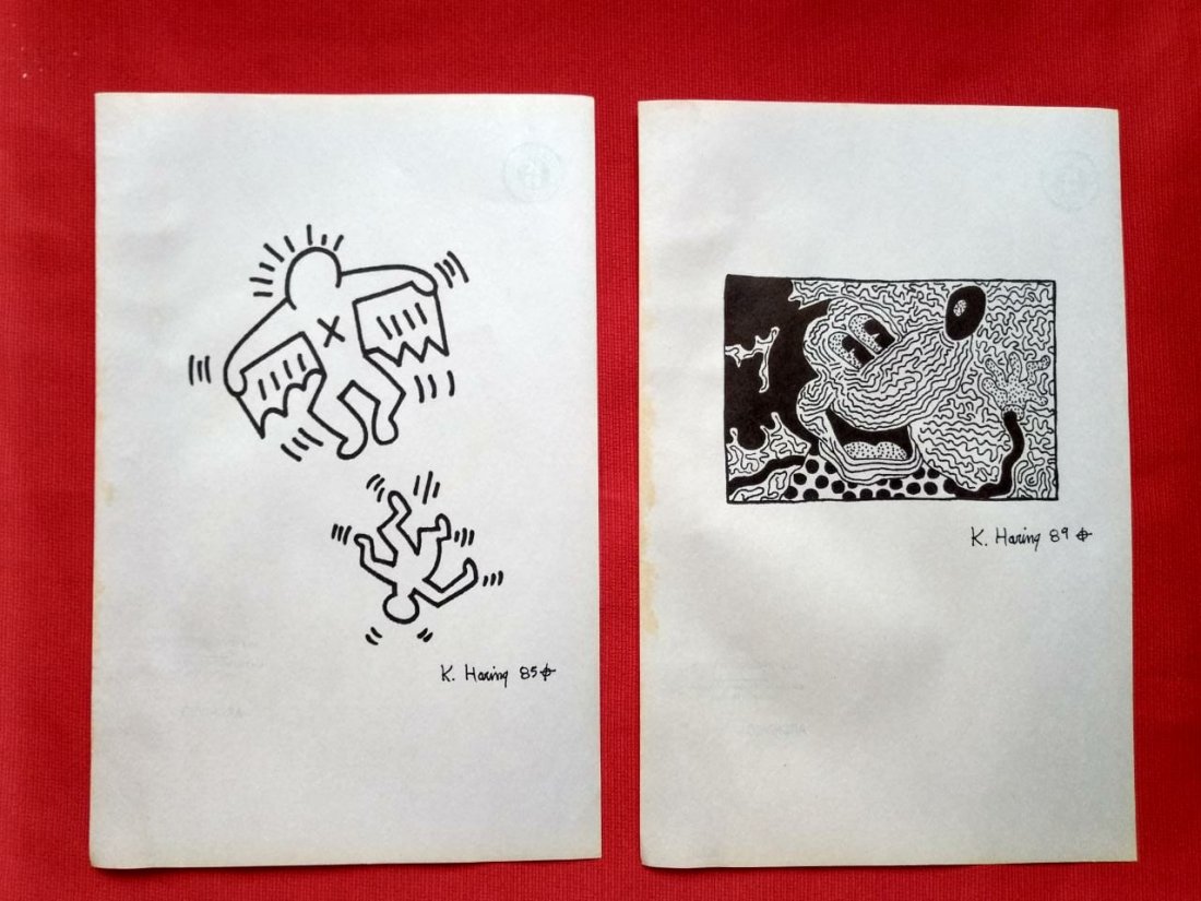Keith Haring 2 Drawings on Paper In the Style of: Keith Haring Mixed media Drawings On Paper Measures 33cm x 21cm. Done in the Style of Keith Haring, American Artist (May 4, 1958 - February 16, 1990). This collectible artwork, belonged to a collector
