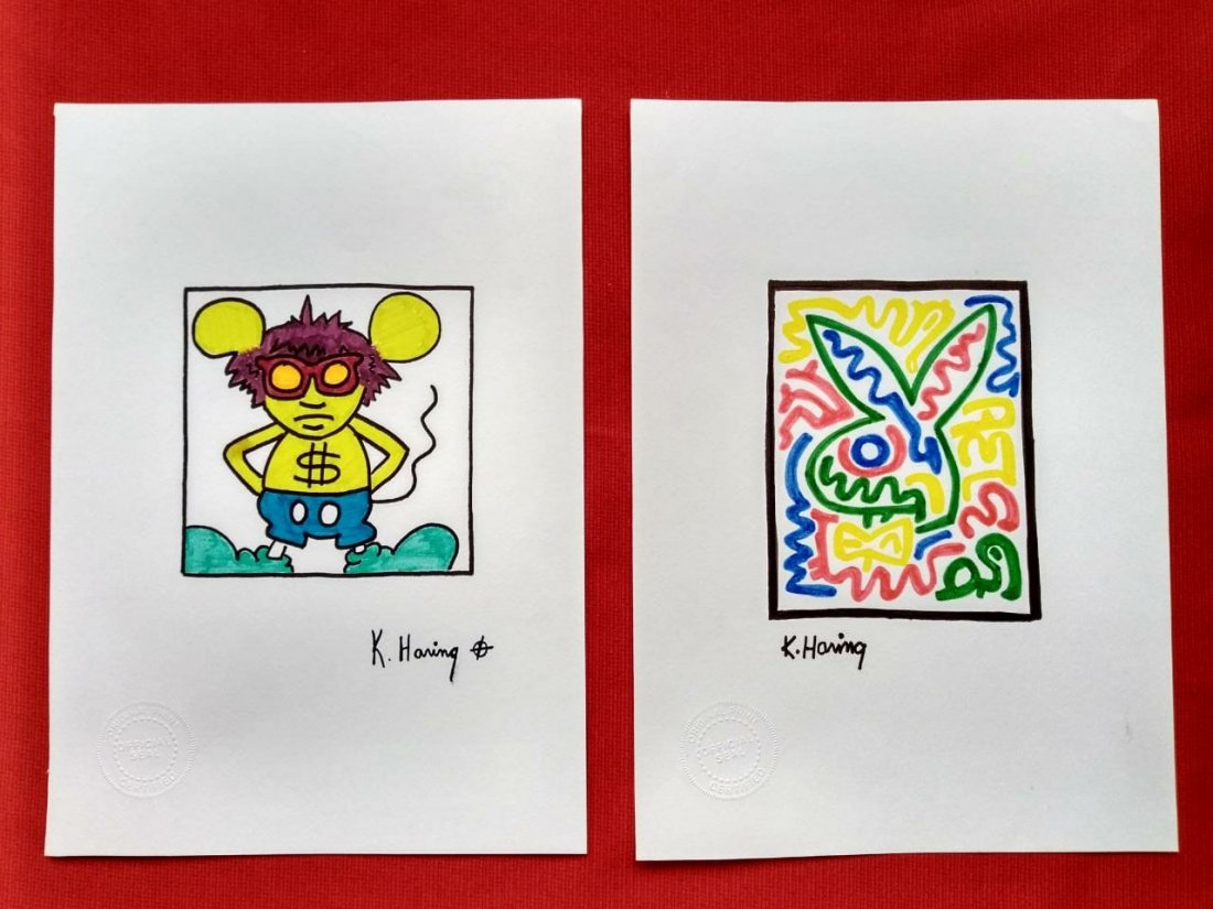 Keith Haring 2 Drawings on Paper In the Style of: Keith Haring Mixed media Drawings On Paper Measures 33cm x 21cm. Done in the Style of Keith Haring, American Artist (May 4, 1958 - February 16, 1990). This collectible artwork, belonged to a collector
