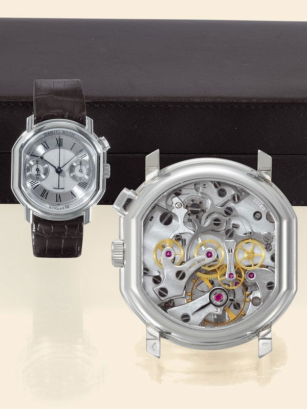 Daniel Roth, platinum wristwatch: Daniel Roth, "Chronograph", No. 14. Made circa 2000. Very fine and rare, large, double ellipse-shaped, water-resistant, platinum gentleman's wristwatch with single square button chronograph and regist