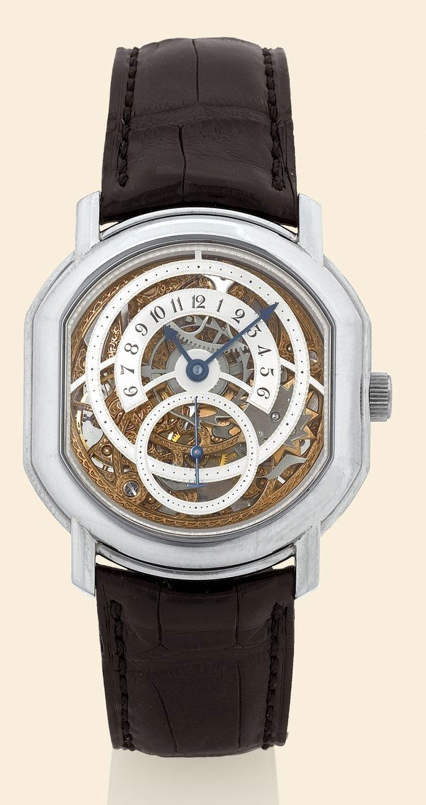 Daniel Roth, 18K white gold wristwatch: Daniel Roth, "Retrograde", No. 17. Made in the late 1990s. Very fine, double-ellipse-shaped, skeletonized, water-resistant, 18K white gold gentleman's wristwatch with retrograde hours, 42-hour autonom