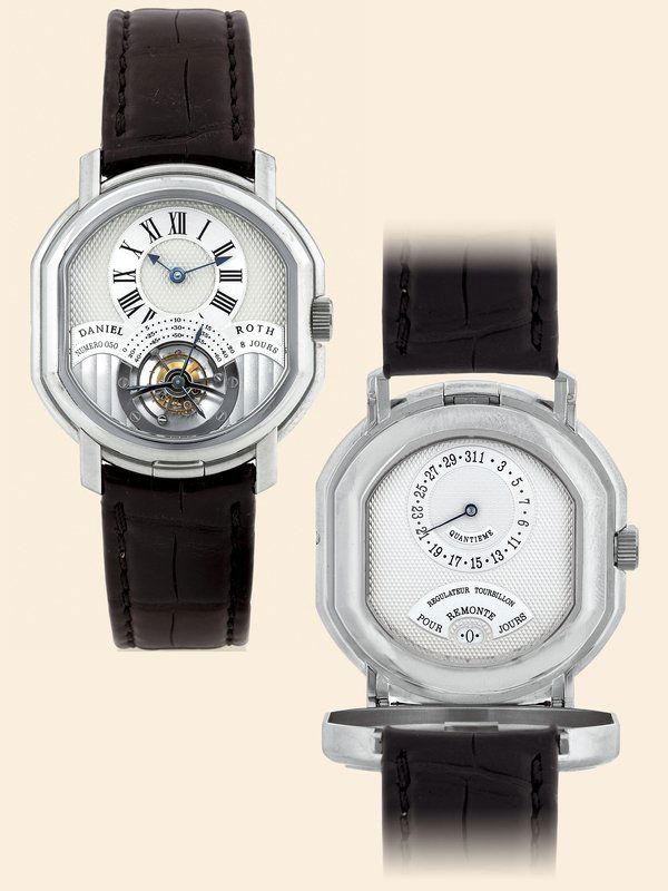 Daniel Roth, "Tourbillon", Ref 197X60 white gold: Daniel Roth, "Tourbillon Double Face 8-Days Power Reserve", No. 050, Ref. 197.X.60. Made circa 2000. Extremely fine and rare, double-ellipse shaped, 18K white gold gentleman's double-faced wristwatch