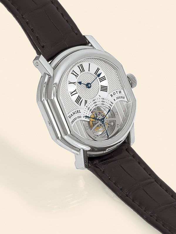 Daniel Roth Tourbillon Double Face 8-Days: "Tourbillon Double Face 8-Days" Daniel Roth, "Tourbillon Double Face 8-Days Power Reserve", No. 050, Ref. 197.X.60. Made circa 2000. Extremely fine and rare, double-ellipse shaped, 18K white gold gent