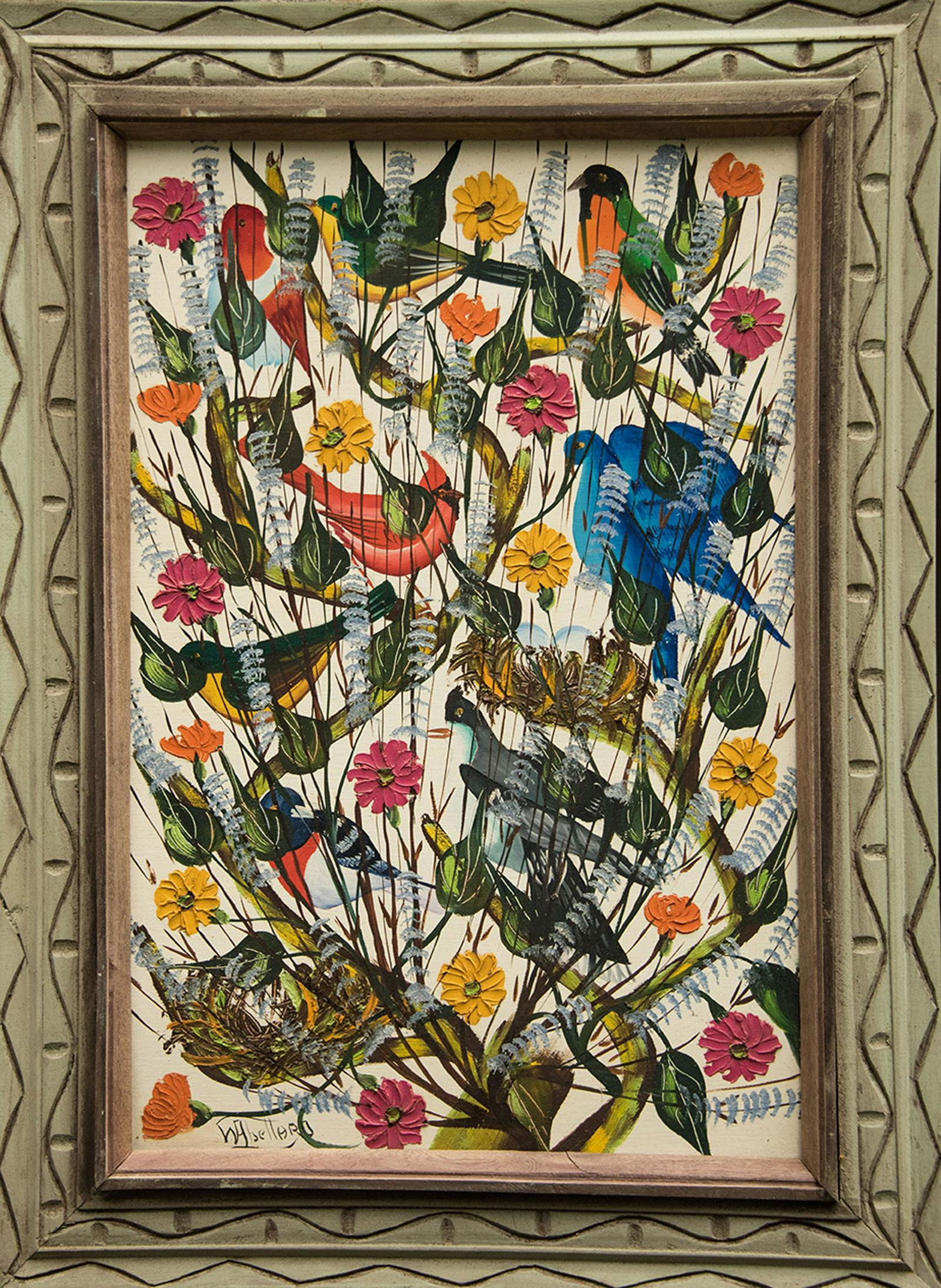 Gesner, Abelard: Birds-2, N.D.: Oil on Masonite, 16 x 24 in. Exhibited at ACA. From the Yvonne and Glenn Stokes collection.