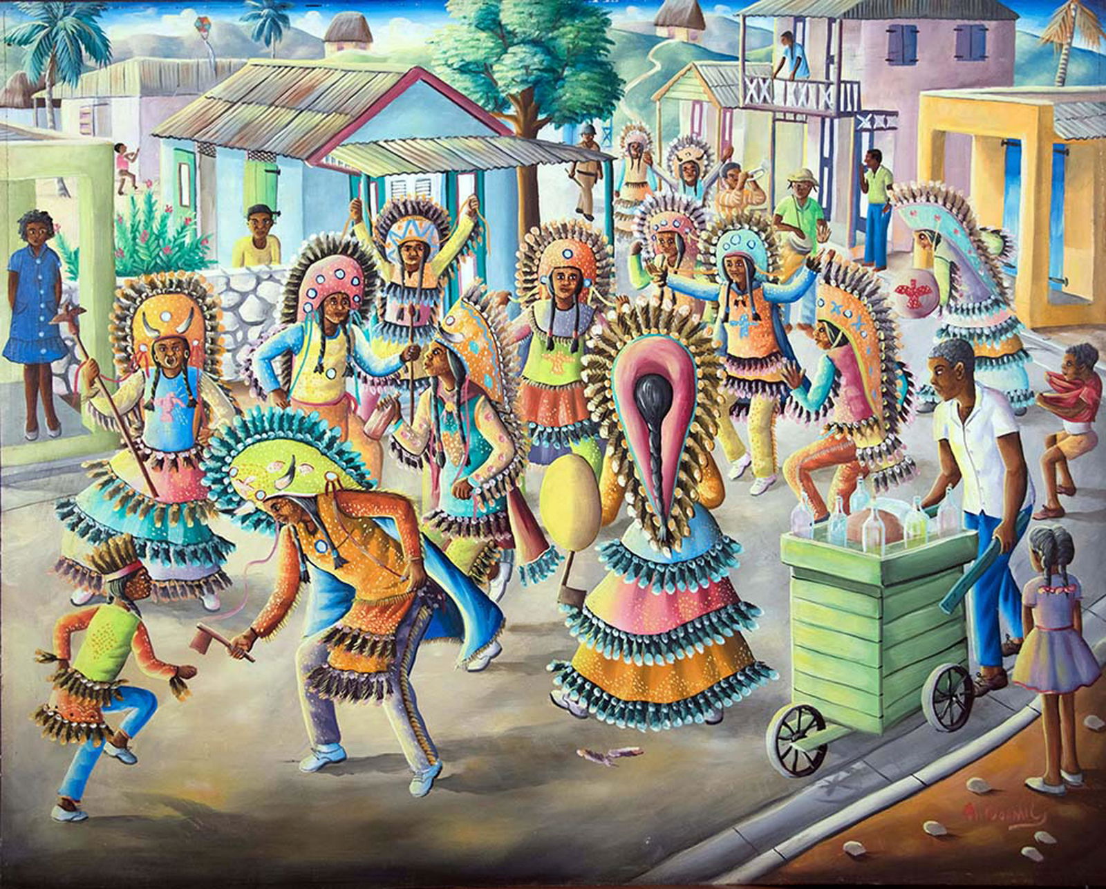 Normil, Andre: Group of Indians at Carnaval, N.D.: Oil on Masonite, 24.5 x 30.5 in. From the Yvonne and Glenn Stokes collection.