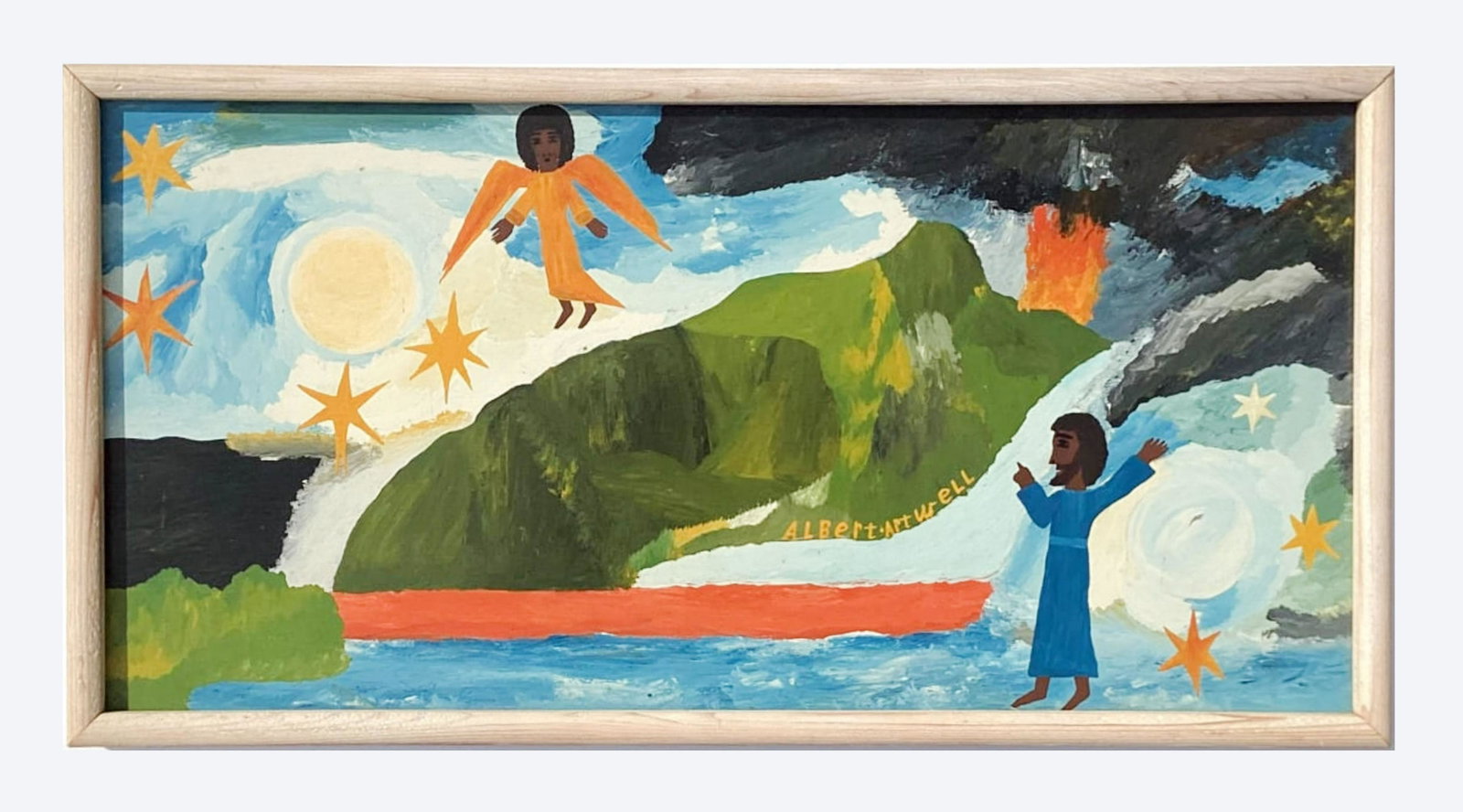 Albert Artwell (1942-2018), Angel and Fire, 1980: Oil on hardboard 12 x 24.5 in. Framed Size: 12.87 x 25.37 in. Signed on front lower right. Title on back written in pencil