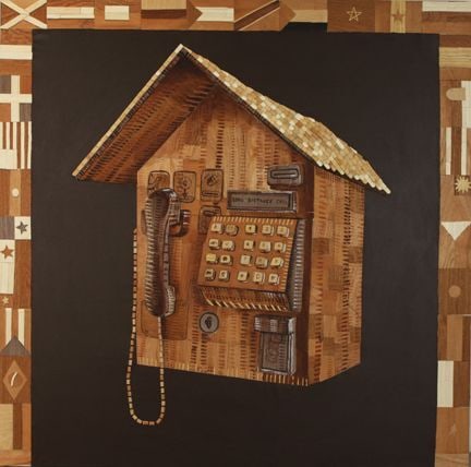 Abel Barroso, Llamando A Casa, 2012: Wood collage, acrylic and ink on canvas; 48 x 48 in. Framed 48 x 48 in. Signed recto lower left Title: Llamando A Casa, 2012