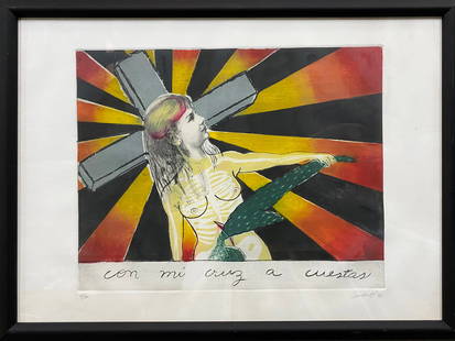 Sandra Ramos. Con mi cruz a cuestas, 1993: Etching, 20 x 27.50 in. Signed and dated recto lower right. Numbered recto lower left. Ed 4 of 10. The title of this print turned out to be the title of an exhibition Sandra did in Mexico in 1994, one