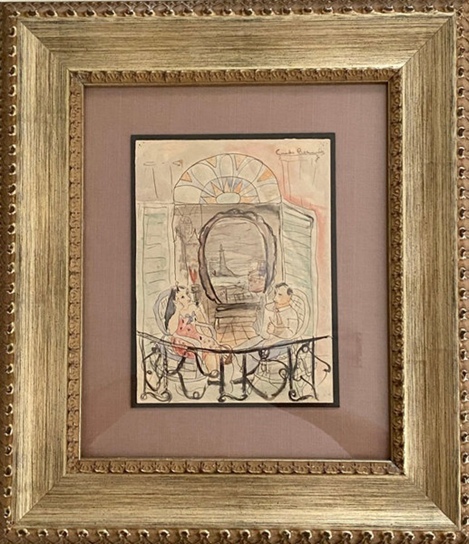 Cundo Bermudez, Pareja en el Balcon, c. 1942: Ink and gouache on paper, 8.75 x 6.5 in, Framed, Signed recto upper rightProvenance: Marta Sardiñas and Jorge Fernandez de Castro, Havana Cuba. Certificate of Authenticity