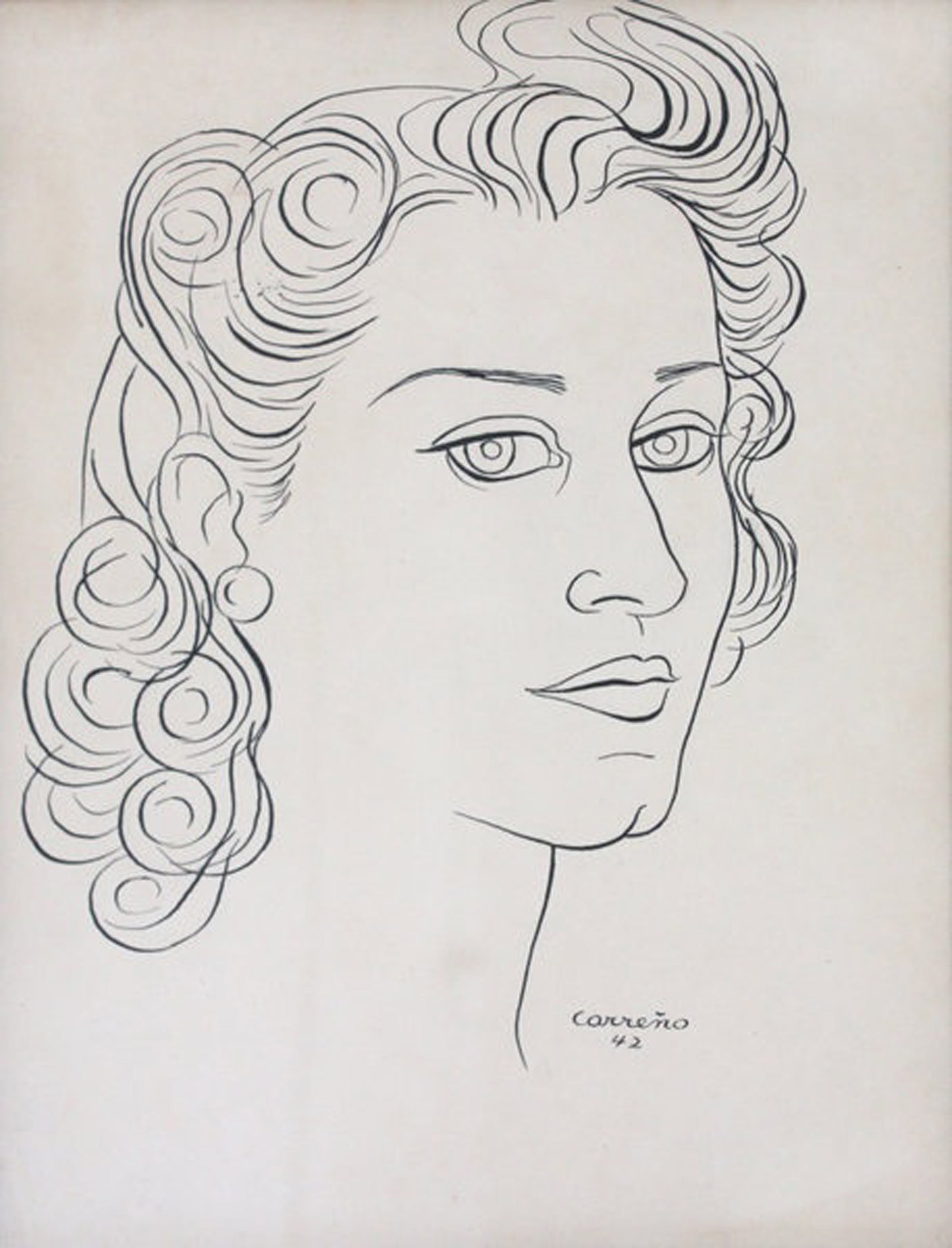 Mario Carreno, Portrait of Lydia de Rivera, 1942: Ink on paper, 12 x 9 in, Unframed, Signed and dated recto lower rightProvenance: Galeria La Acacia, Havana Cuba