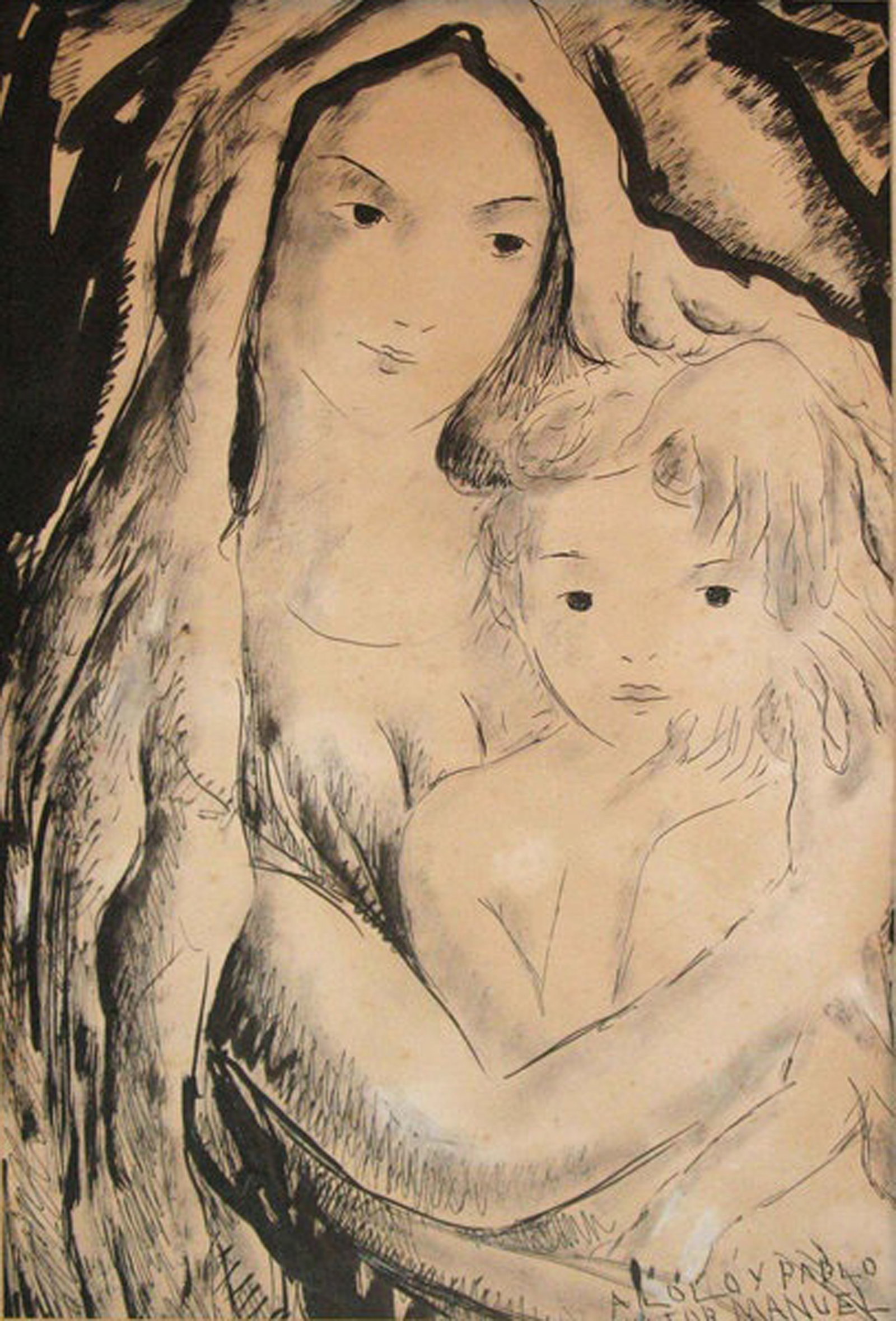 Victor Manuel Garcia, Mujer con Niño, 1949: Mixed media on heavy paper, 23 x 14.5 in, Framed, Signed recto lower right, dedicated to "Loló y Pablo"Provenance: Prof. Antonio Alejo, Havana Cuba. Certificate of Authenticity signed by Jose Veigas