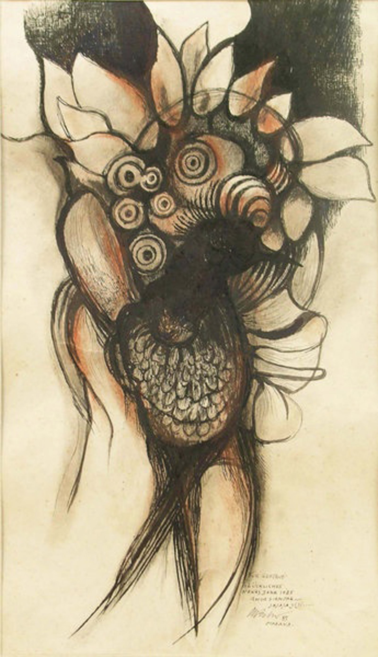 Luis Martinez-Pedro, Amor siempre, 1985: Mixed media on heavy paper, 17.5 x 10 in, Framed, Signed and dedicated recto lower rightProvenance: Galeria La Acacia, Havana Cuba