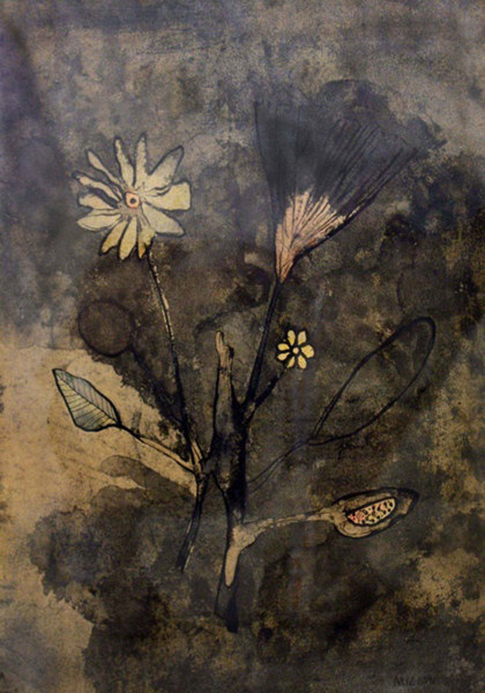 Raul Milian, Flower (1/2), 1957: Ink on heavy paper, 15 x 11 in, Framed, Signed recto lower rightProvenance: Galeria La Acacia, Havana Cuba