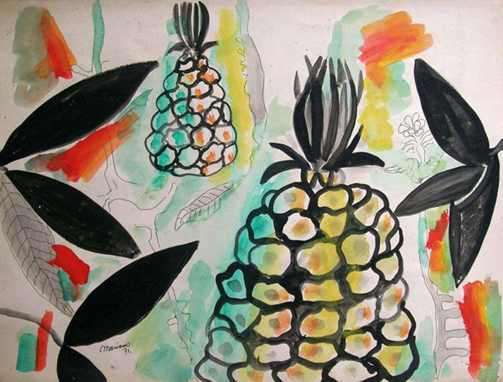 Mariano Rodriguez, Untitled (Serie Frutas y realidades), 1971: Ink and watercolor on heavy paper, 20.5 x 26.5 in, Unframed, Signed recto lower left. Provenance: The Artist's widow, Havana Cuba