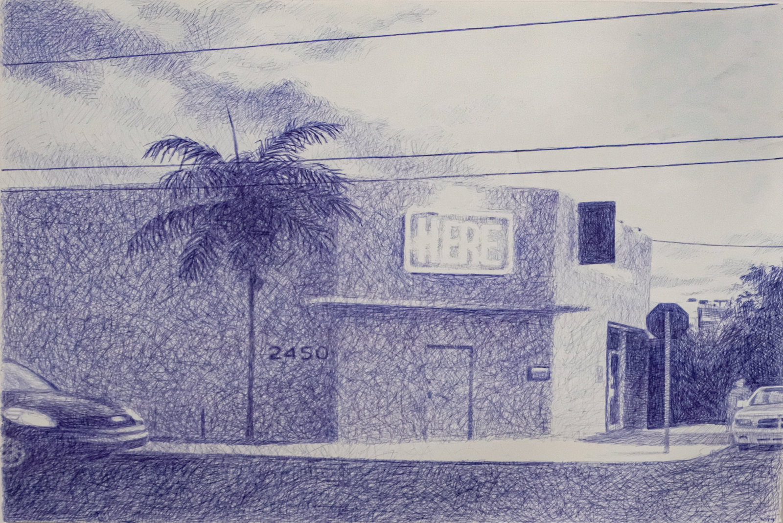 Gustavo Acosta (Cuba) (1958-). Here, 2014: Ink on heavy paper, 19 x 23 in. Frame size: 24 x 28 in. Signed, dated and dedicated verso. Provenance: The Artist.