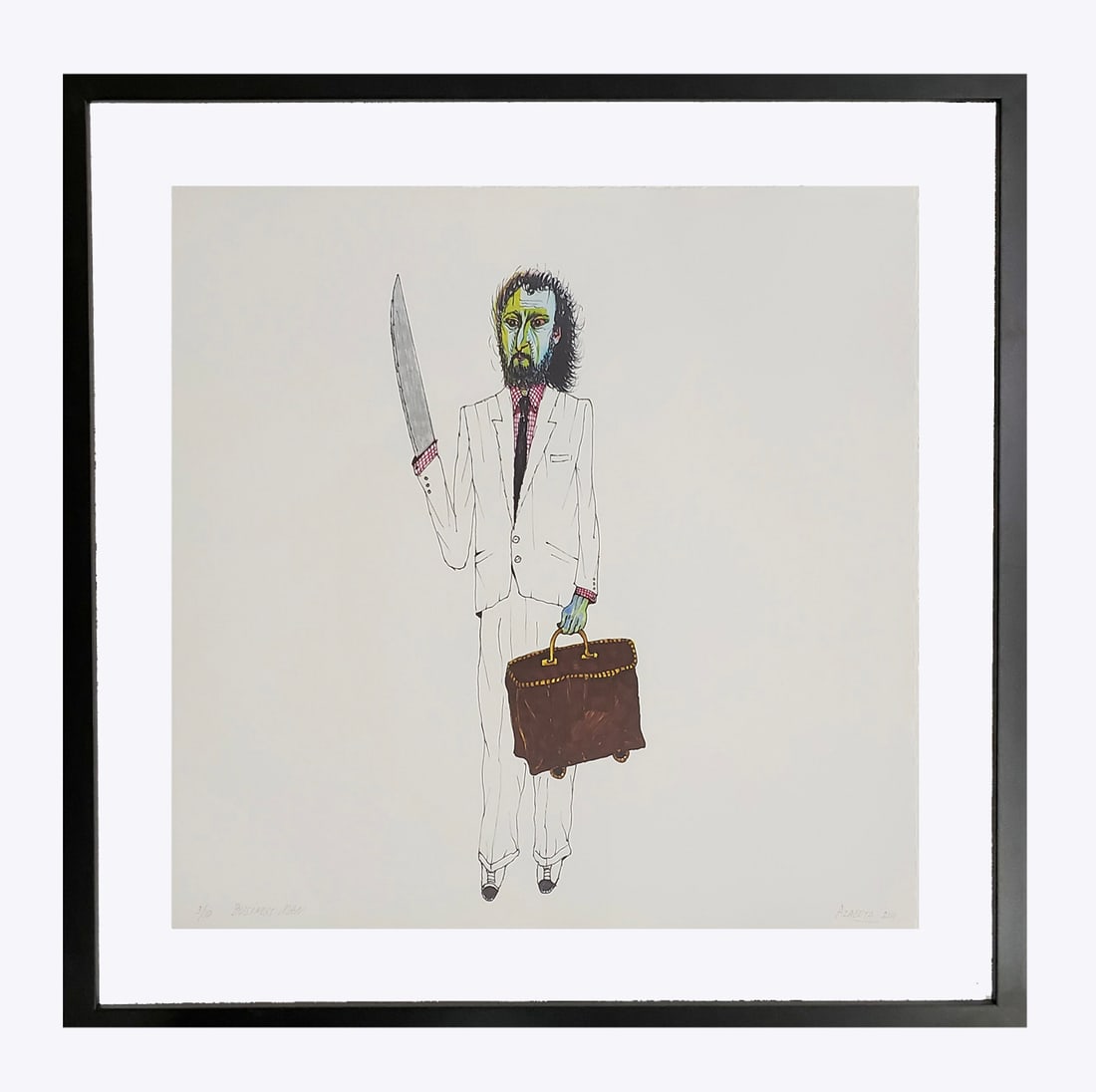 Luis Cruz Azaceta (Cuba) (1942-). ¨Business Man¨ from the Personajes Portfolio, 2011: Digital print. Measures of the portfolio jacket: 20.25 x 20.25 in, 19.50 x 19.50 in (each paper sheet). Frame size: 25.5 x 25.5 in.. Signed and numbered in pencil lower recto. Edition 3 of 10. Provena