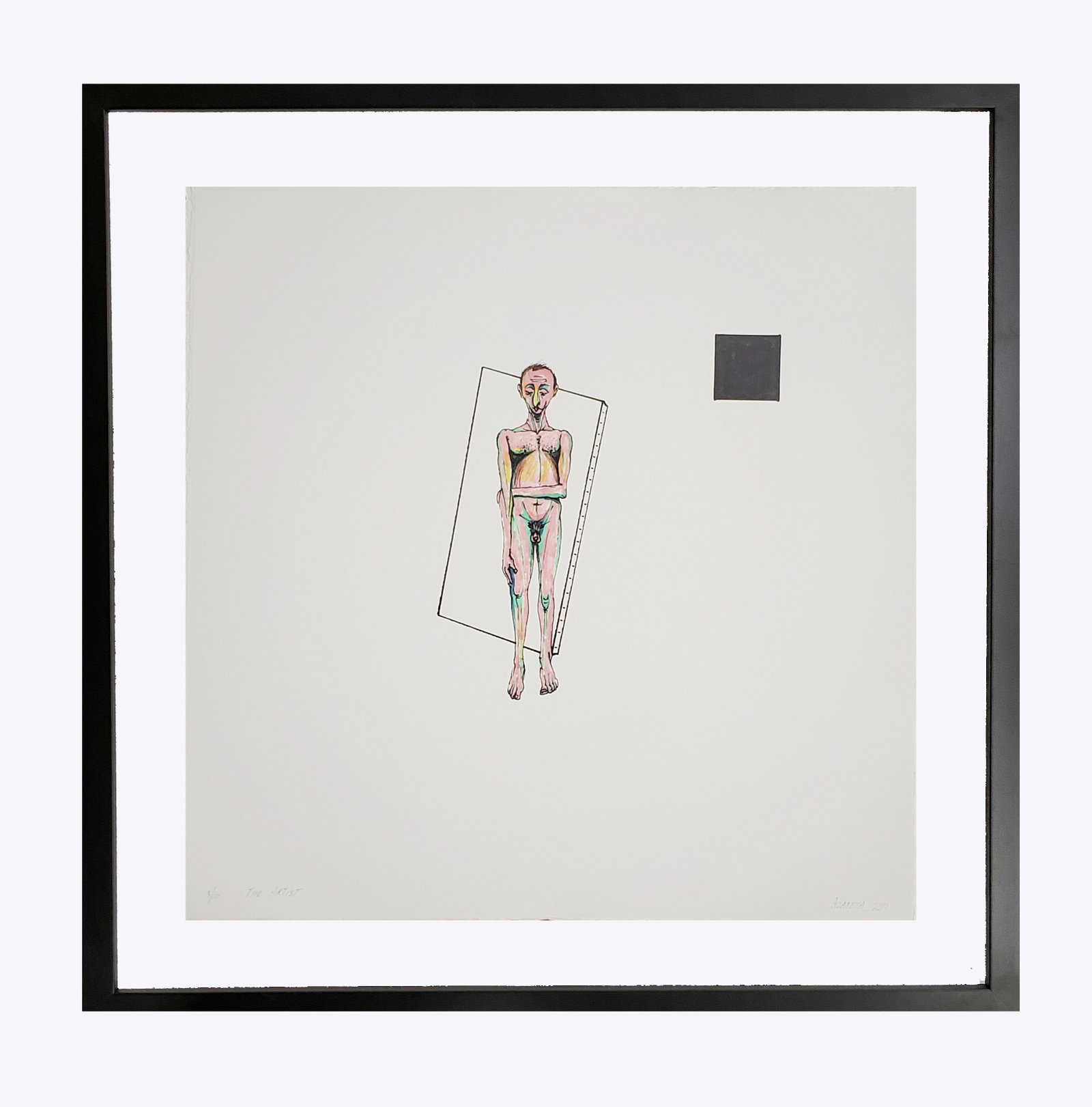 Luis Cruz Azaceta (Cuba) (1942-). ¨The artist¨ from the Personajes Portfolio, 2011: Digital print. Measures of the portfolio jacket: 20.25 x 20.25 in, 19.50 x 19.50 in (each paper sheet). Frame size: 25.5 x 25.5 x 2.25 in. Signed and numbered in pencil lower recto. Edition 2 of 10. P
