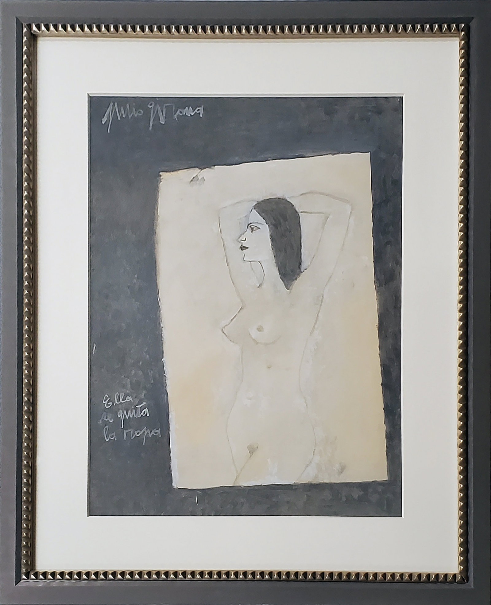 Julio Girona (Cuba) (1914-2002). Ella se quita la ropa, N.D.: Oil on heavy paper, 25 x 19.50 in. Frame size: 35.5 x 30 x 1.25 in. Signed upper left and titled lower left, recto.