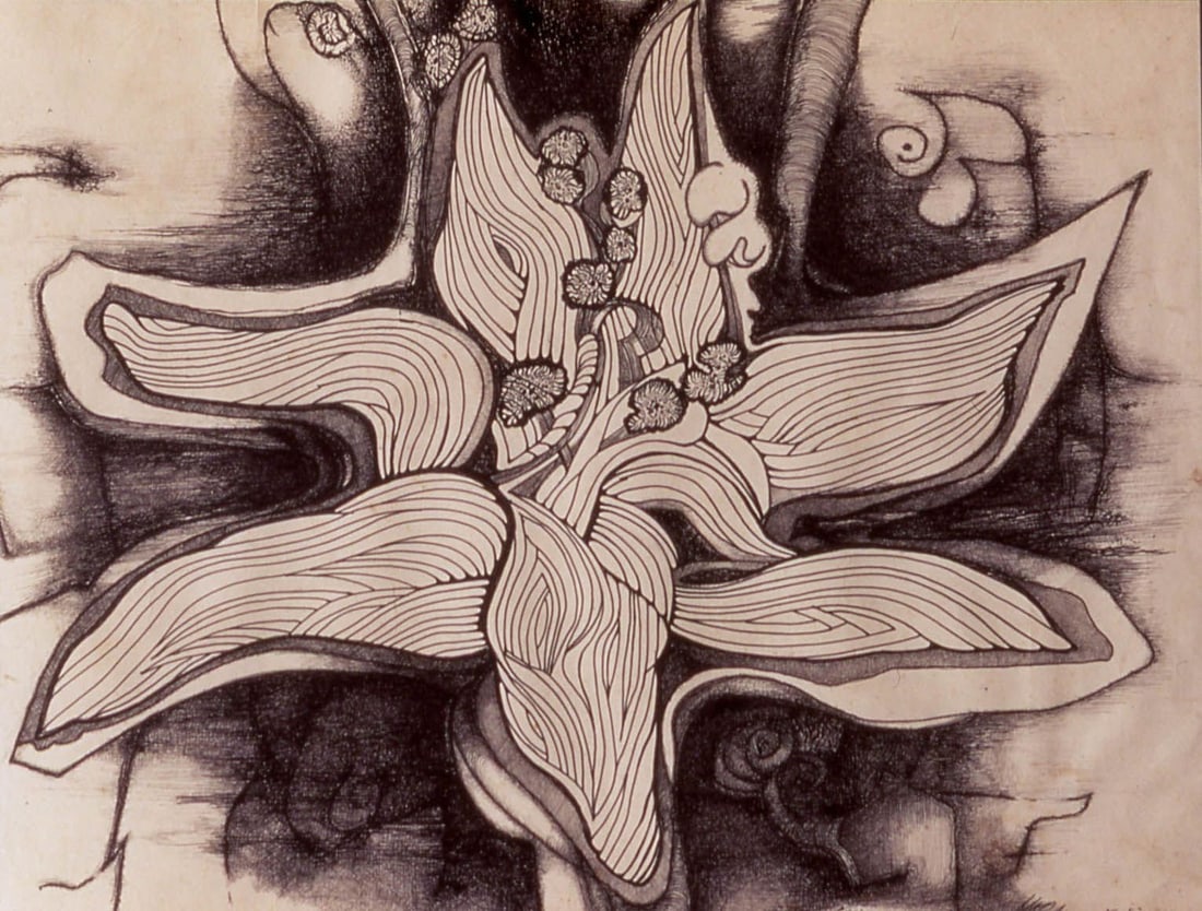Luis Martinez-Pedro (Cuba) (1910-1989). Flower (Schuman) (1984), 1984: Ink on paper, 20 x 27.50 in. Frame size: 28 x 23 in. Signed recto lower right. Provenance: La Acacia Gallery, Havana.