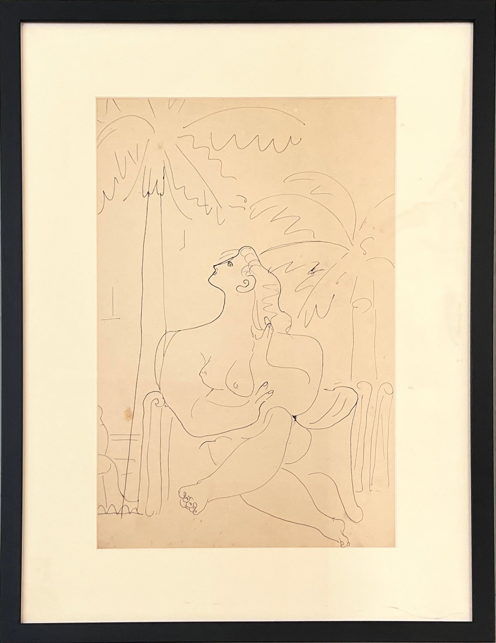 Mariano Rodriguez (Cuba) (1912-1990). Mujer desnuda sentada en el patio, 1942: Ink on heavy paper, 18 x 12 in. Frame size: 24.5 x 18.25 x 1.5 in. Inscribed on back. Provenance: Artist widow, Flor Ceballos.