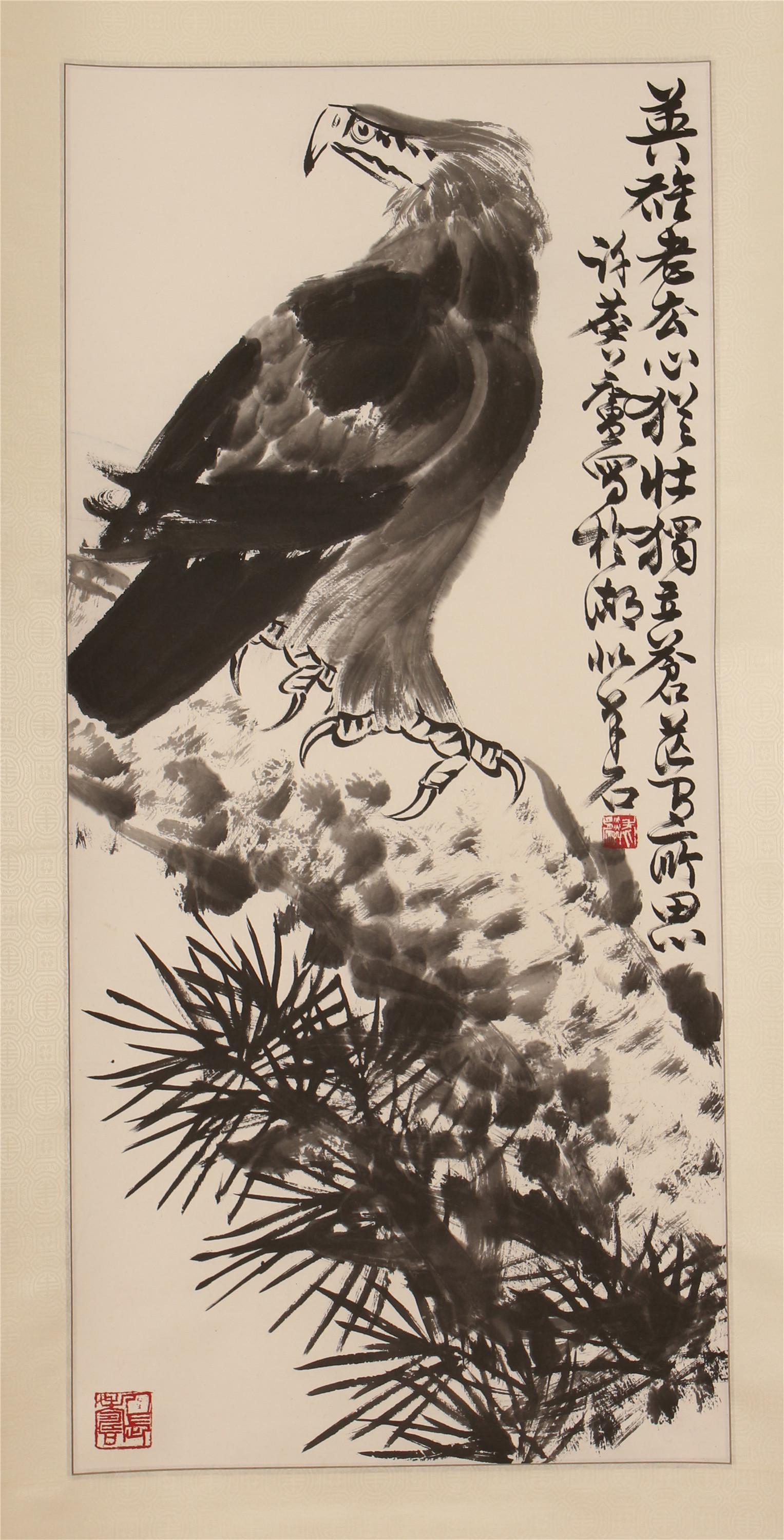A CHINESE SCROLL PAINTING OF EAGLE ON PINE BY XU LINLU (1 of 8)