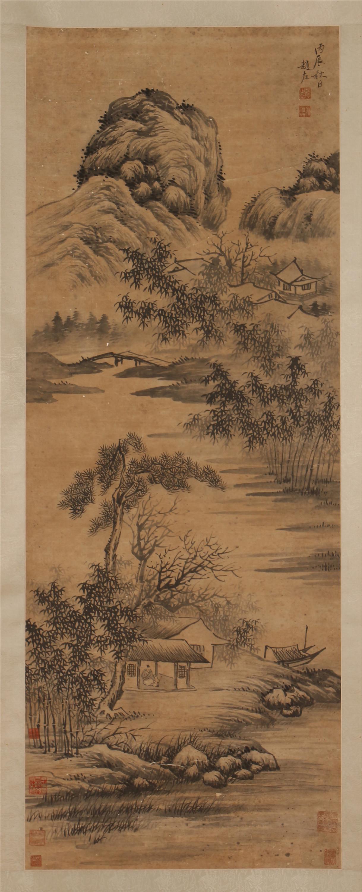 A CHINESE SCROLL PAINTING OF MOUNTAIN VIEWS BY ZHAO ZUO: Image only size 136 cm by 52 cm. We pack and deliver all buyers packages. Shipping cost $30 to US address and $100 for International delivery. Most of delivery will be guranteed to do in two weeks aft